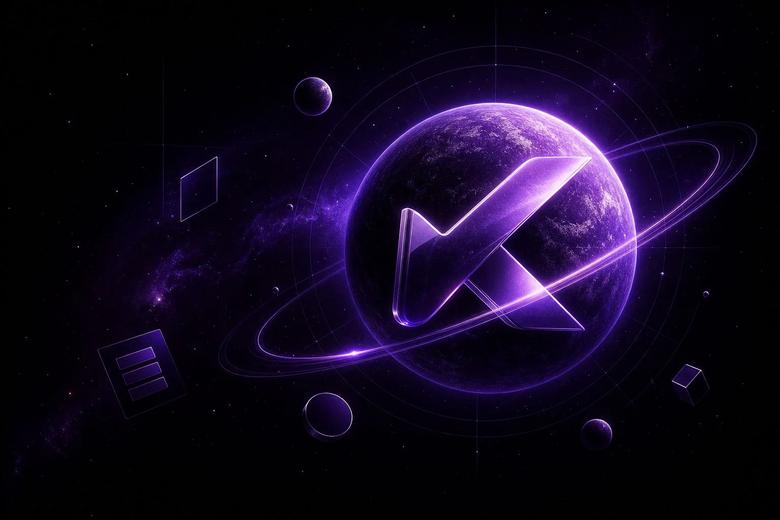 Branding e identidade visual para empresas: planeta roxo com o símbolo da KOLO Digital em órbita
