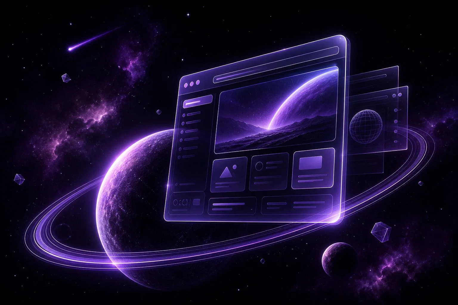 Criação de sites e websites para empresas: interface digital flutuando no espaço